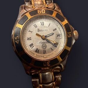 Bulova Gold and Black Marine Star Watch with Silver Dial